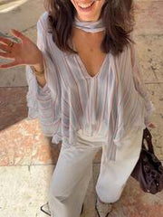 Women's Striped Chiffon Blouse, Elegant V-Neck Ruffle Sleeve Design, Flowing Shirt With Necktie