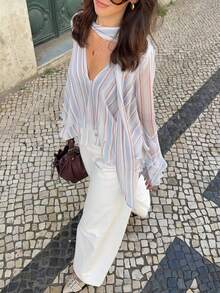 Women's Striped Chiffon Blouse, Elegant V-Neck Ruffle Sleeve Design, Flowing Shirt With Necktie