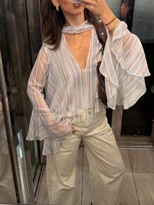 Women's Striped Chiffon Blouse, Elegant V-Neck Ruffle Sleeve Design, Flowing Shirt With Necktie