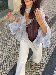 Women's Striped Chiffon Blouse, Elegant V-Neck Ruffle Sleeve Design, Flowing Shirt With Necktie