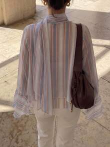 Women's Striped Chiffon Blouse, Elegant V-Neck Ruffle Sleeve Design, Flowing Shirt With Necktie