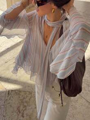 Women's Striped Chiffon Blouse, Elegant V-Neck Ruffle Sleeve Design, Flowing Shirt With Necktie