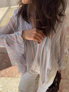 Women's Striped Chiffon Blouse, Elegant V-Neck Ruffle Sleeve Design, Flowing Shirt With Necktie