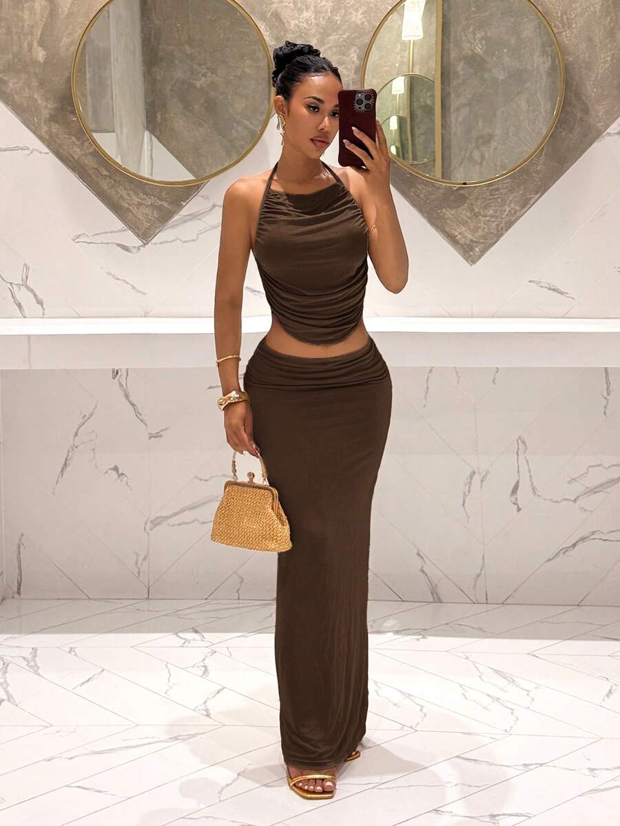 Ženski Set  - Halter Dekolte Ruffles Top & Maxi Suknja