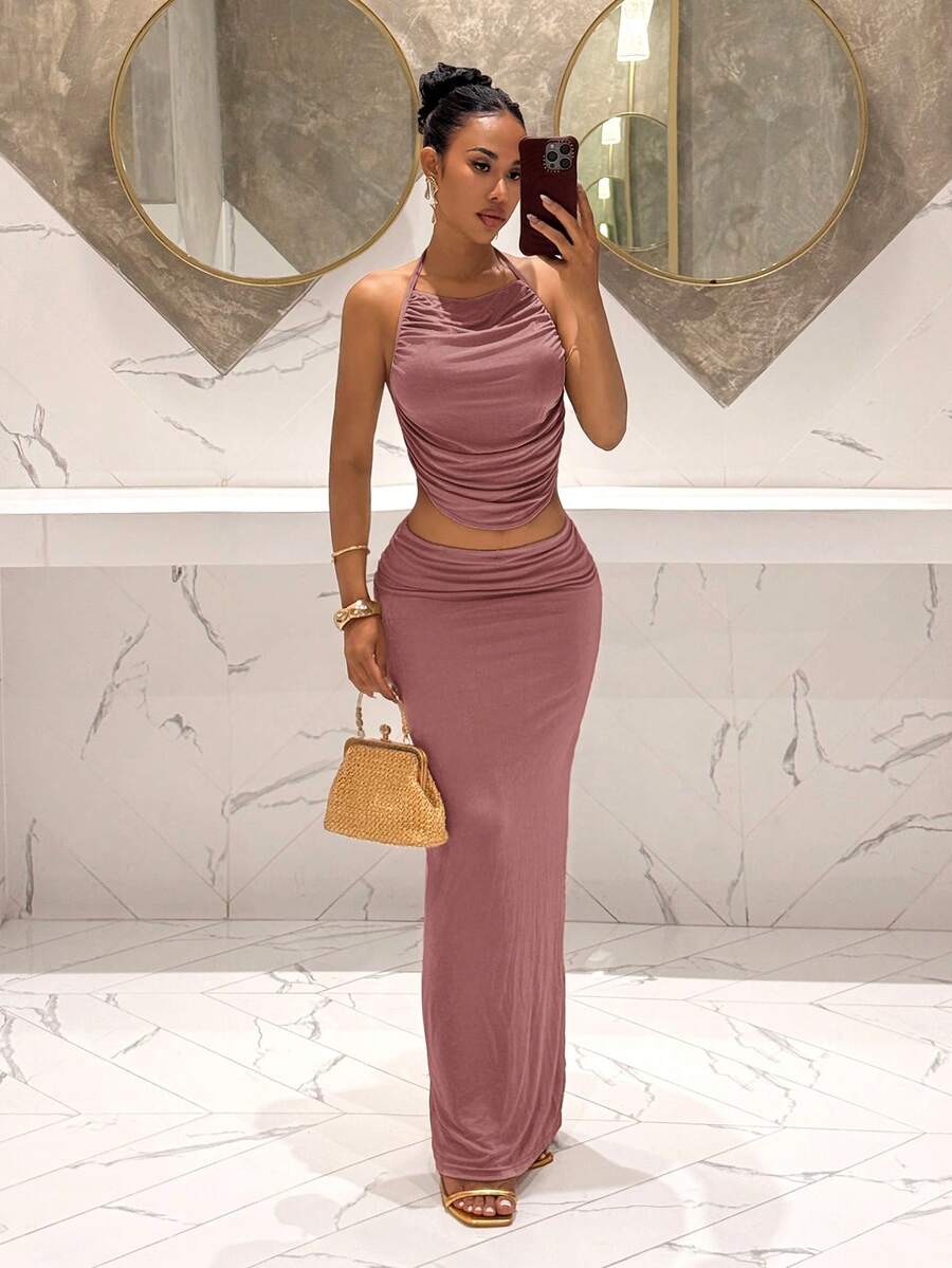 Ženski Set  - Halter Dekolte Ruffles Top & Maxi Suknja