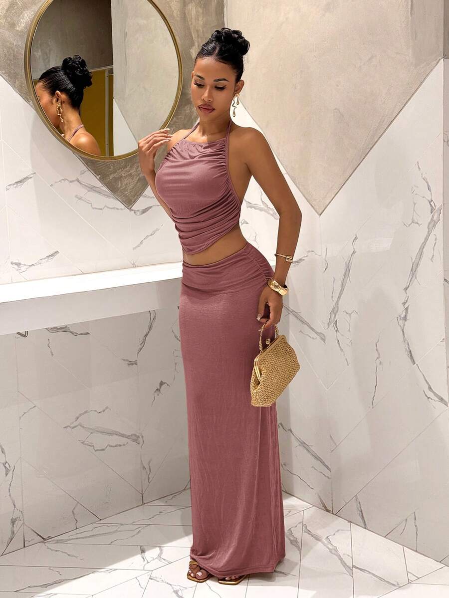Ženski Set  - Halter Dekolte Ruffles Top & Maxi Suknja