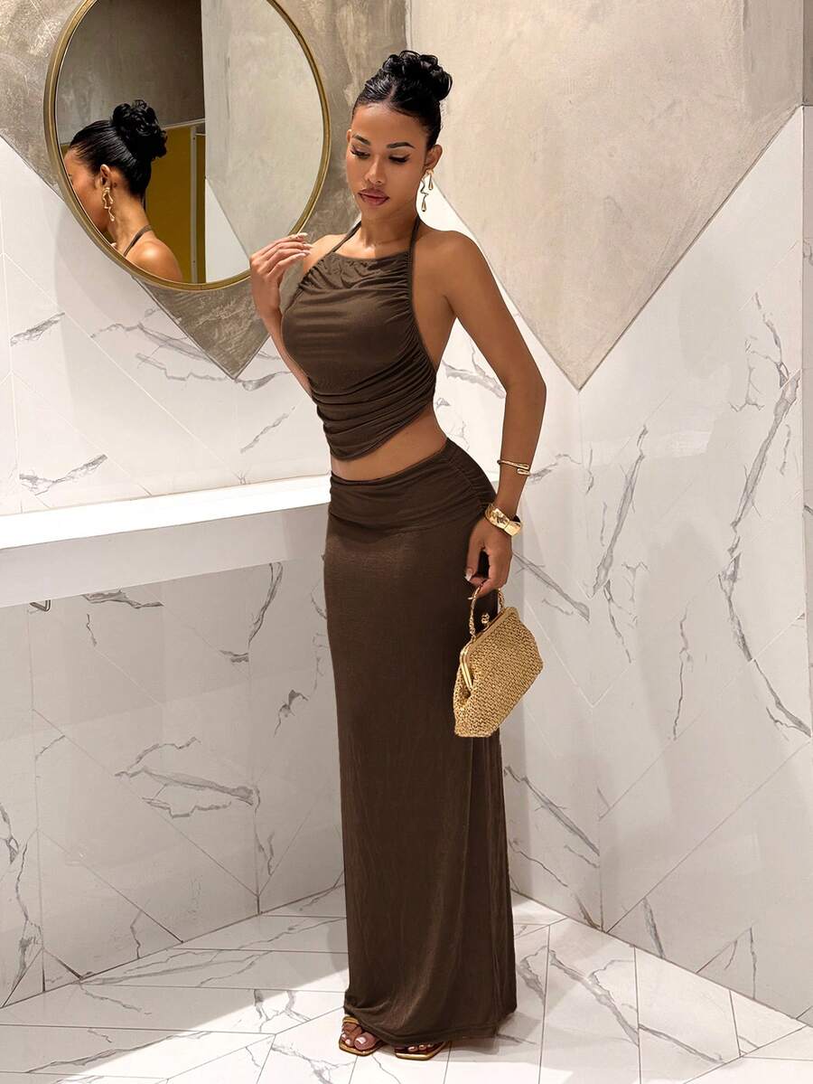 Ženski Set  - Halter Dekolte Ruffles Top & Maxi Suknja