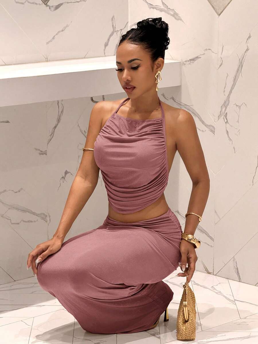 Ženski Set  - Halter Dekolte Ruffles Top & Maxi Suknja