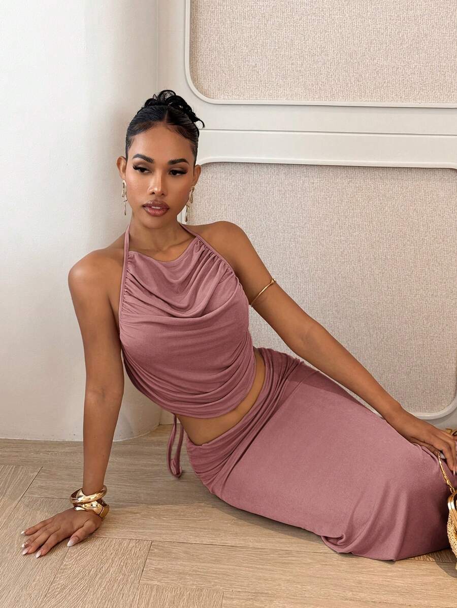 Ženski Set  - Halter Dekolte Ruffles Top & Maxi Suknja