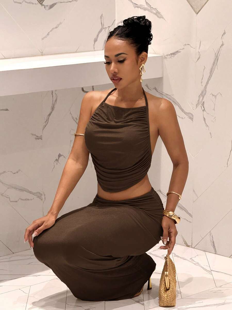 Ženski Set  - Halter Dekolte Ruffles Top & Maxi Suknja