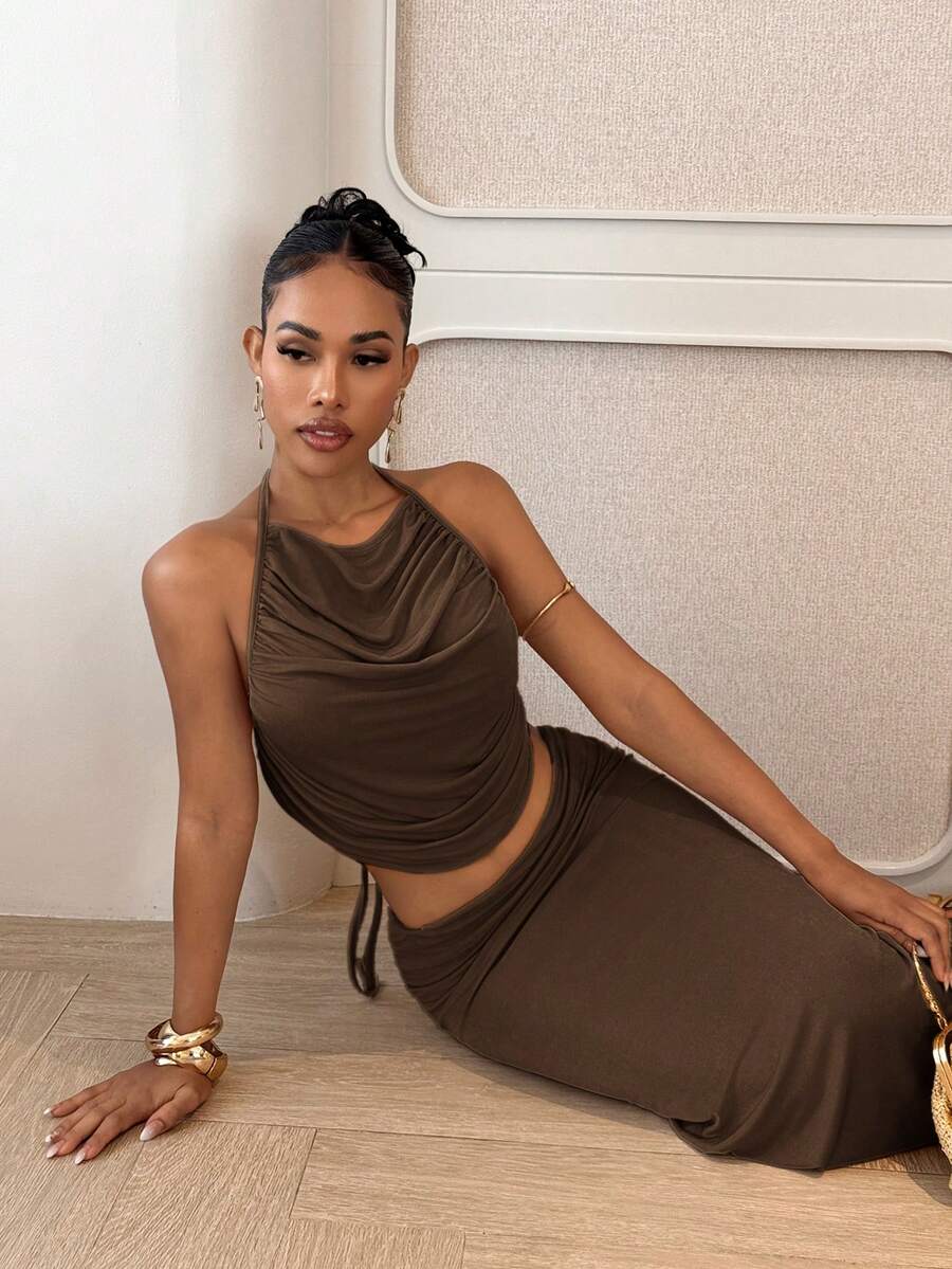 Ženski Set  - Halter Dekolte Ruffles Top & Maxi Suknja