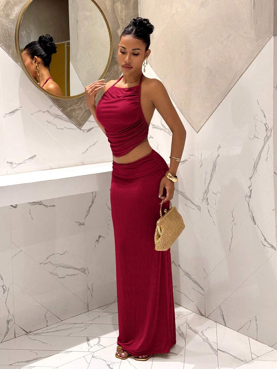 Ženski Set  - Halter Dekolte Ruffles Top & Maxi Suknja
