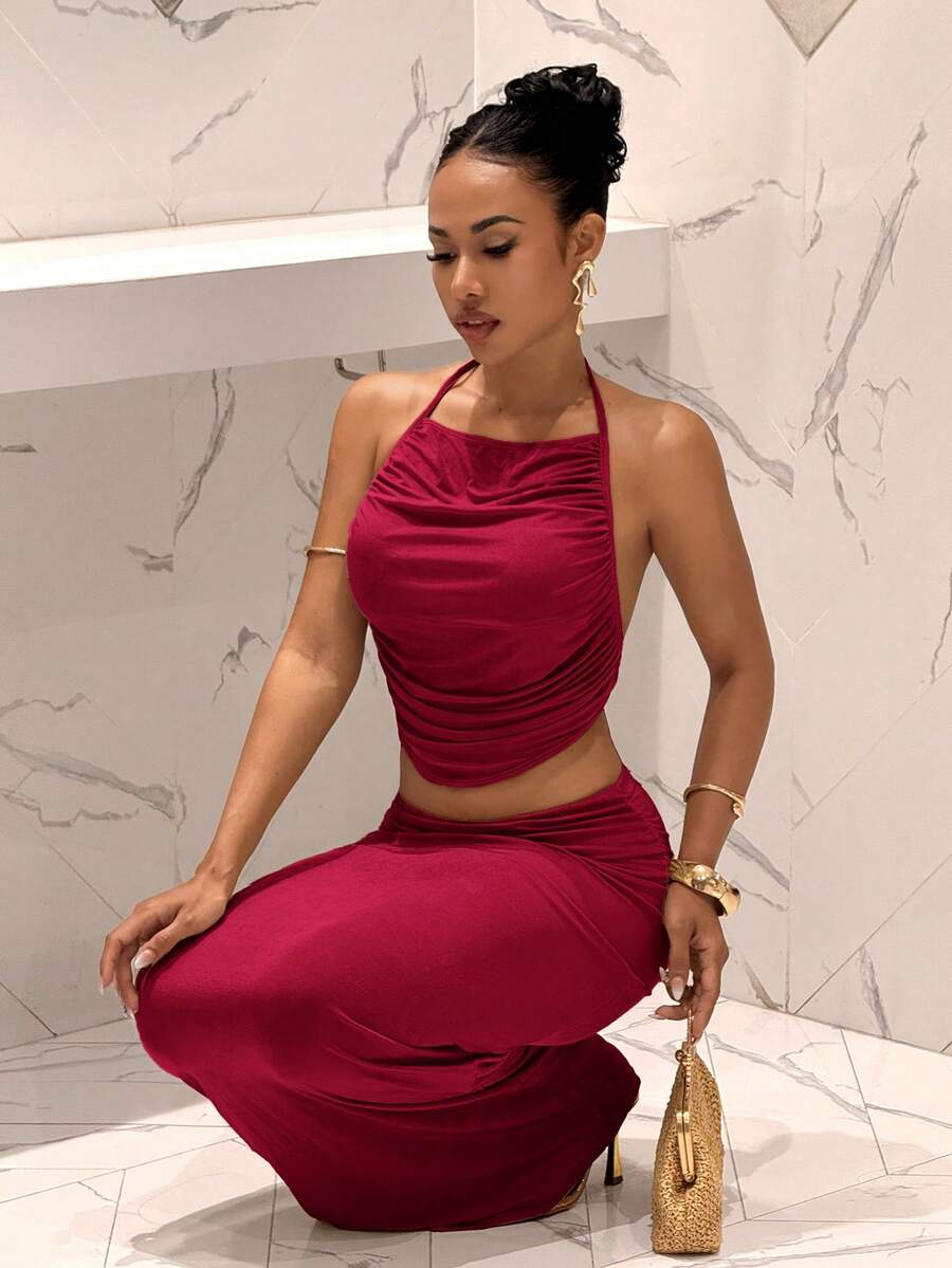 Ženski Set  - Halter Dekolte Ruffles Top & Maxi Suknja