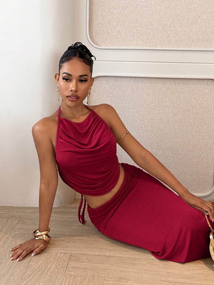 Ženski Set  - Halter Dekolte Ruffles Top & Maxi Suknja