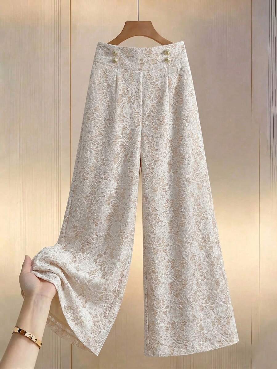 Ženske letnje elegantne pantalone sa čipkom i raširenim nogavicama, visokog struka