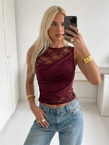Aloruh Women's Elegant Round Neck Sleeveless Lace Patchwork T-Shirt,Summer Top