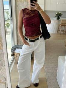 Aloruh Women's Elegant Round Neck Sleeveless Lace Patchwork T-Shirt,Summer Top