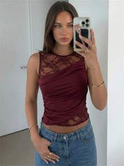 Aloruh Women's Elegant Round Neck Sleeveless Lace Patchwork T-Shirt,Summer Top