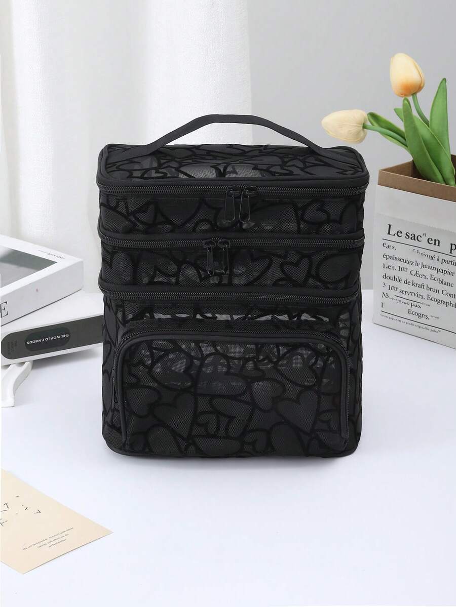Crna minimalistička modna mrežasta torba za šminku sa leopard printom, veliki kapacitet