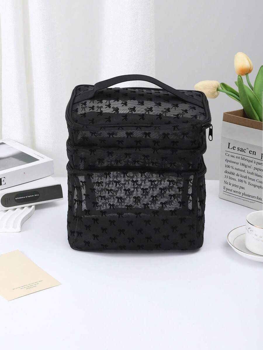 Crna minimalistička modna mrežasta torba za šminku sa leopard printom, veliki kapacitet