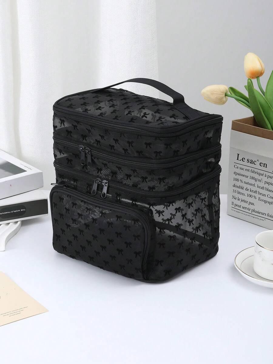 Crna minimalistička modna mrežasta torba za šminku sa leopard printom, veliki kapacitet