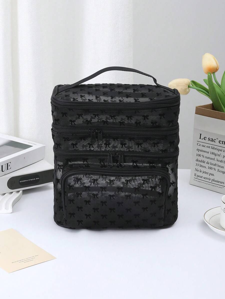 Crna minimalistička modna mrežasta torba za šminku sa leopard printom, veliki kapacitet