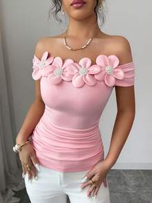 Elenzga Women's Fashion Off-Shoulder Floral Decor Waist Fitted Romantic Elegant Casual Commute Date Beach Party Dinner T-Shirt, Spring/Summer