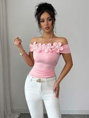 Elenzga Women's Fashion Off-Shoulder Floral Decor Waist Fitted Romantic Elegant Casual Commute Date Beach Party Dinner T-Shirt, Spring/Summer