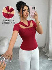 Elenzga Women's Fashion V-Neck Hollow Metal Buckle Fitted Romantic Elegant Casual Commute Date Party Dinner Short Sleeve T-Shirt, Spring/Summer