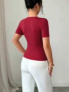 Elenzga Women's Fashion V-Neck Hollow Metal Buckle Fitted Romantic Elegant Casual Commute Date Party Dinner Short Sleeve T-Shirt, Spring/Summer