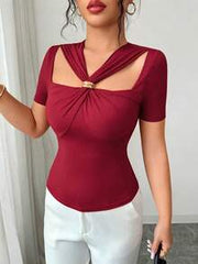 Elenzga Women's Fashion V-Neck Hollow Metal Buckle Fitted Romantic Elegant Casual Commute Date Party Dinner Short Sleeve T-Shirt, Spring/Summer