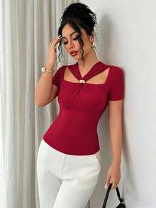 Elenzga Women's Fashion V-Neck Hollow Metal Buckle Fitted Romantic Elegant Casual Commute Date Party Dinner Short Sleeve T-Shirt, Spring/Summer