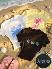 3pcs/Set Summer New Minimalist Fashion Floral & Shell Print Round Neck Short Sleeve Fitted T-Shirt, Versatile Casual Wear For Women
