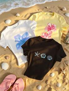 3pcs/Set Summer New Minimalist Fashion Floral & Shell Print Round Neck Short Sleeve Fitted T-Shirt, Versatile Casual Wear For Women
