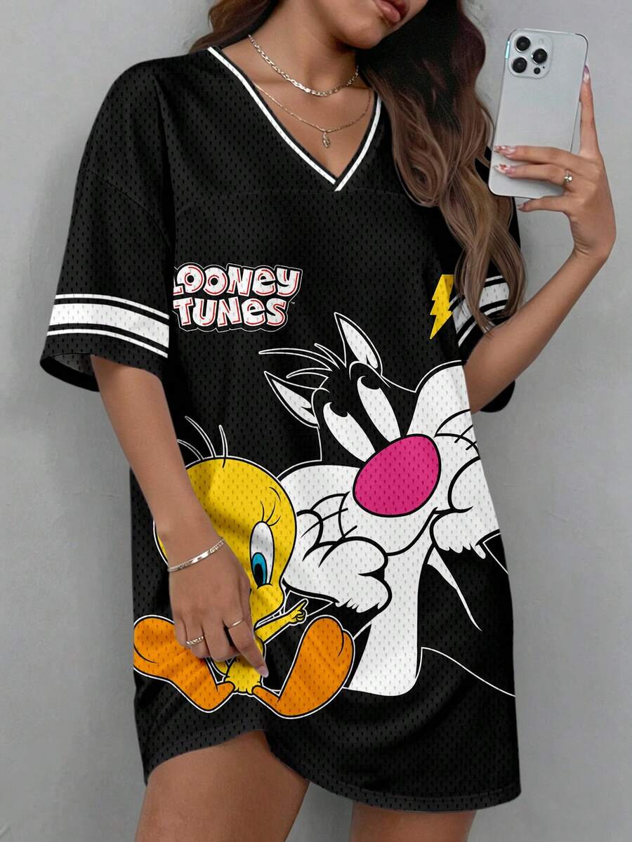 LOONEY TUNES Ležerna crna haljina za leto sa V izrezom i kratkim rukavima, plus size