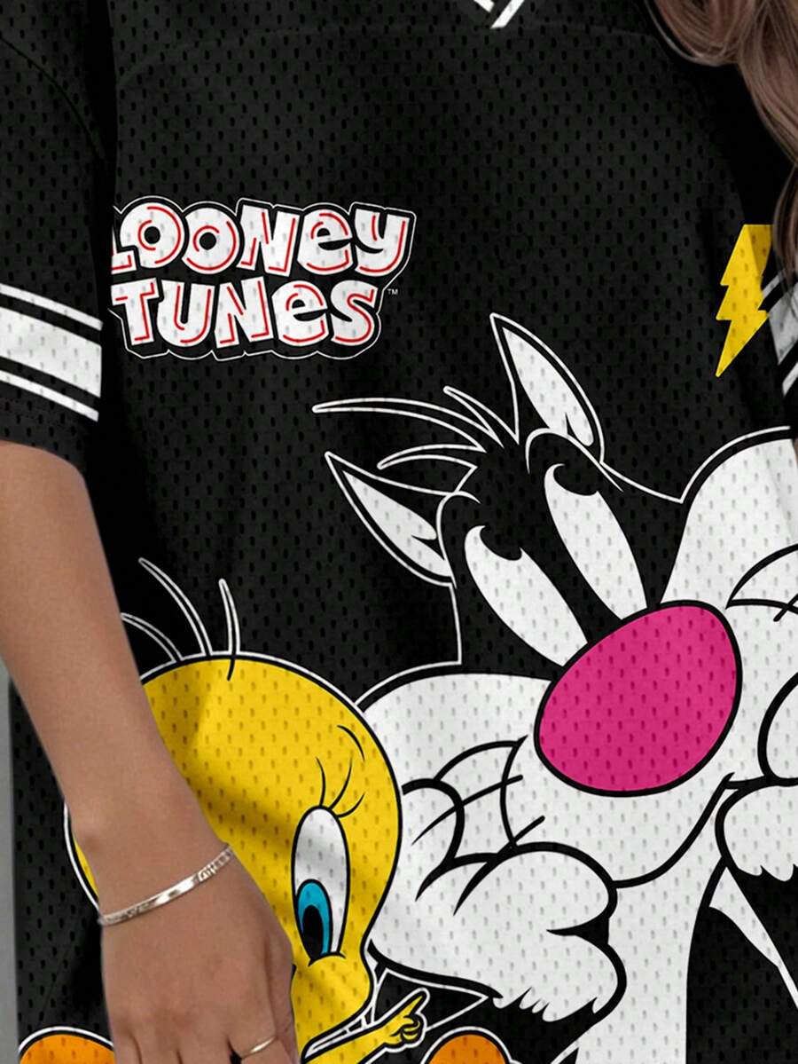 LOONEY TUNES Ležerna crna haljina za leto sa V izrezom i kratkim rukavima, plus size