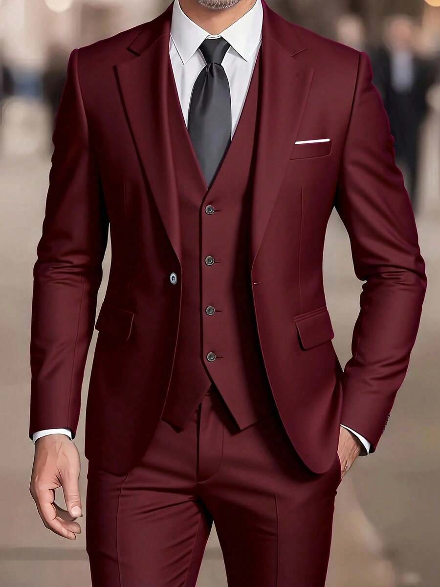 Muški set od 3 dela u jednoj boji, slim fit, rastegljiv, uključuje sako, prsluk i pantalone