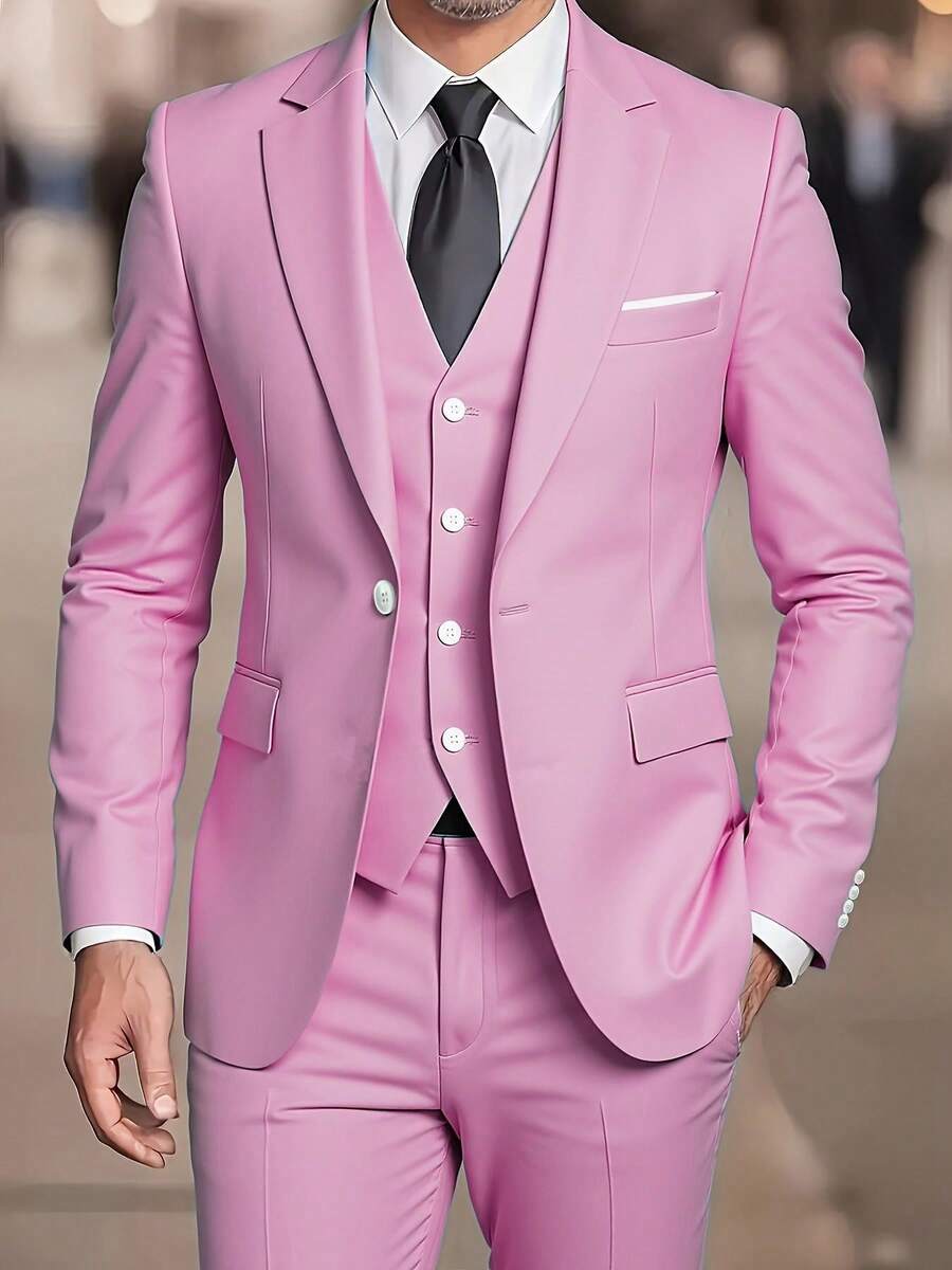 Muški set od 3 dela u jednoj boji, slim fit, rastegljiv, uključuje sako, prsluk i pantalone