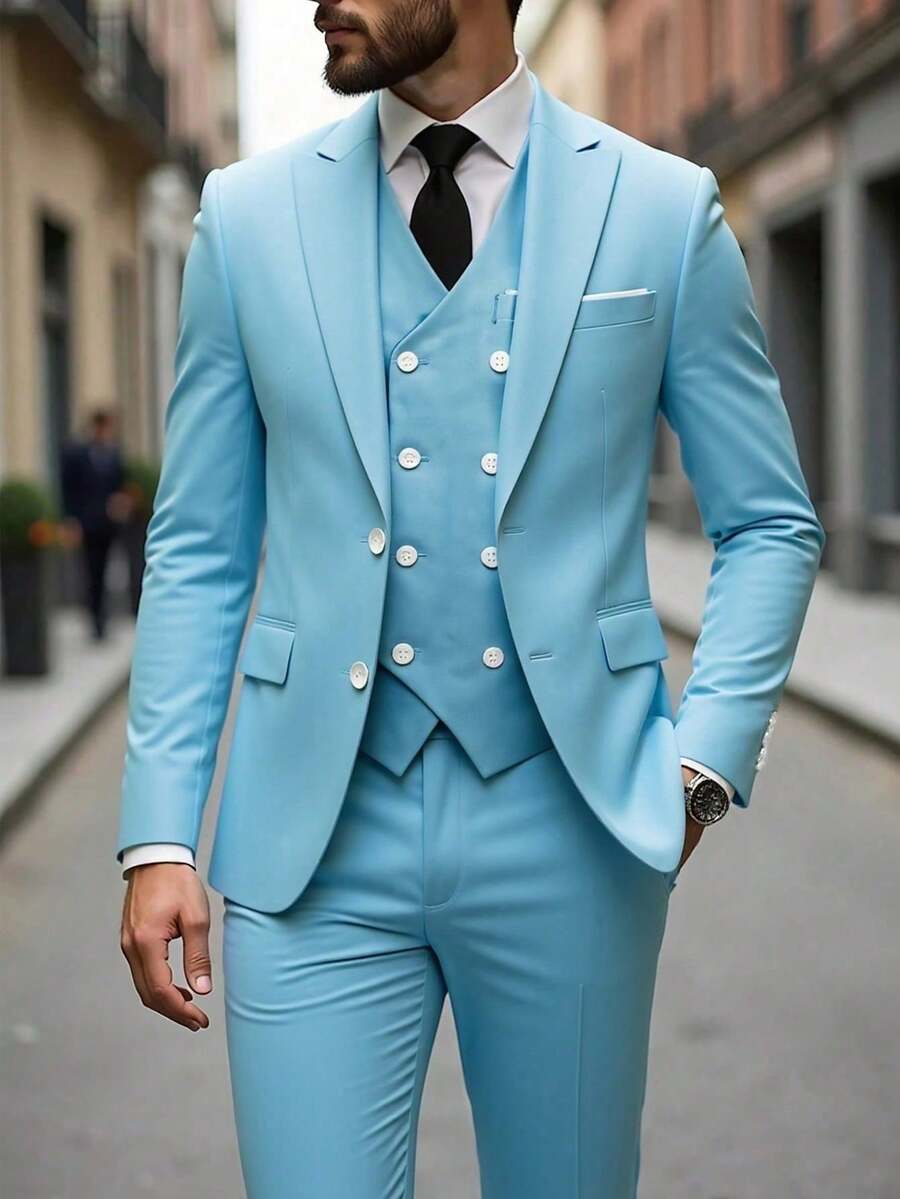 Muški poslovni komplet od 3 dela, uključuje sako, prsluk i pantalone, jednobojni, slim fit