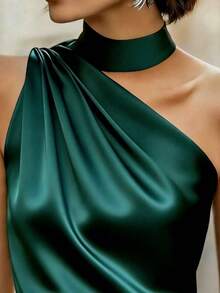 Women's Elegant Solid Color Asymmetric Neck Camisole, Suitable For Evening Dates And Valentine's Day, Spring/Summer Casual