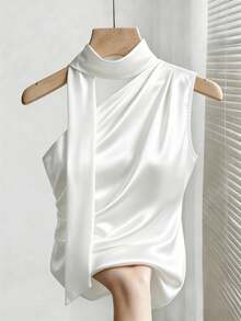 SHEIN Franclia Elegant White Summer Satin Halter Neck Sleeveless Glossy Top For Women