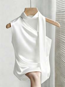 SHEIN Franclia Elegant White Summer Satin Halter Neck Sleeveless Glossy Top For Women