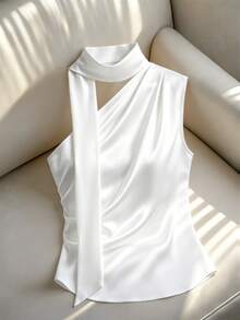 SHEIN Franclia Elegant White Summer Satin Halter Neck Sleeveless Glossy Top For Women