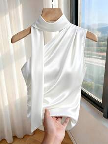 SHEIN Franclia Elegant White Summer Satin Halter Neck Sleeveless Glossy Top For Women