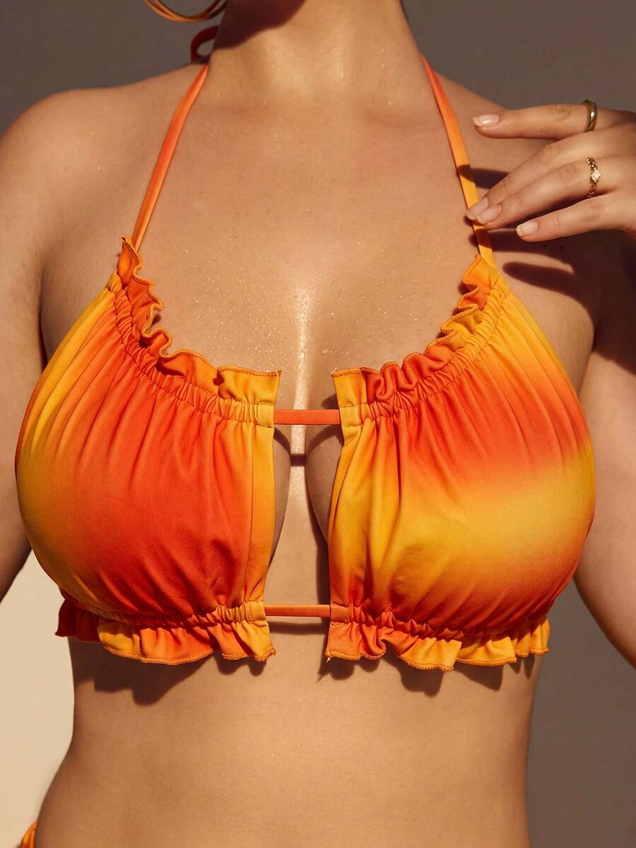 Letnji plus size bikini gornji deo za plažu sa volanima, izrezima, vezivanjem na leđima