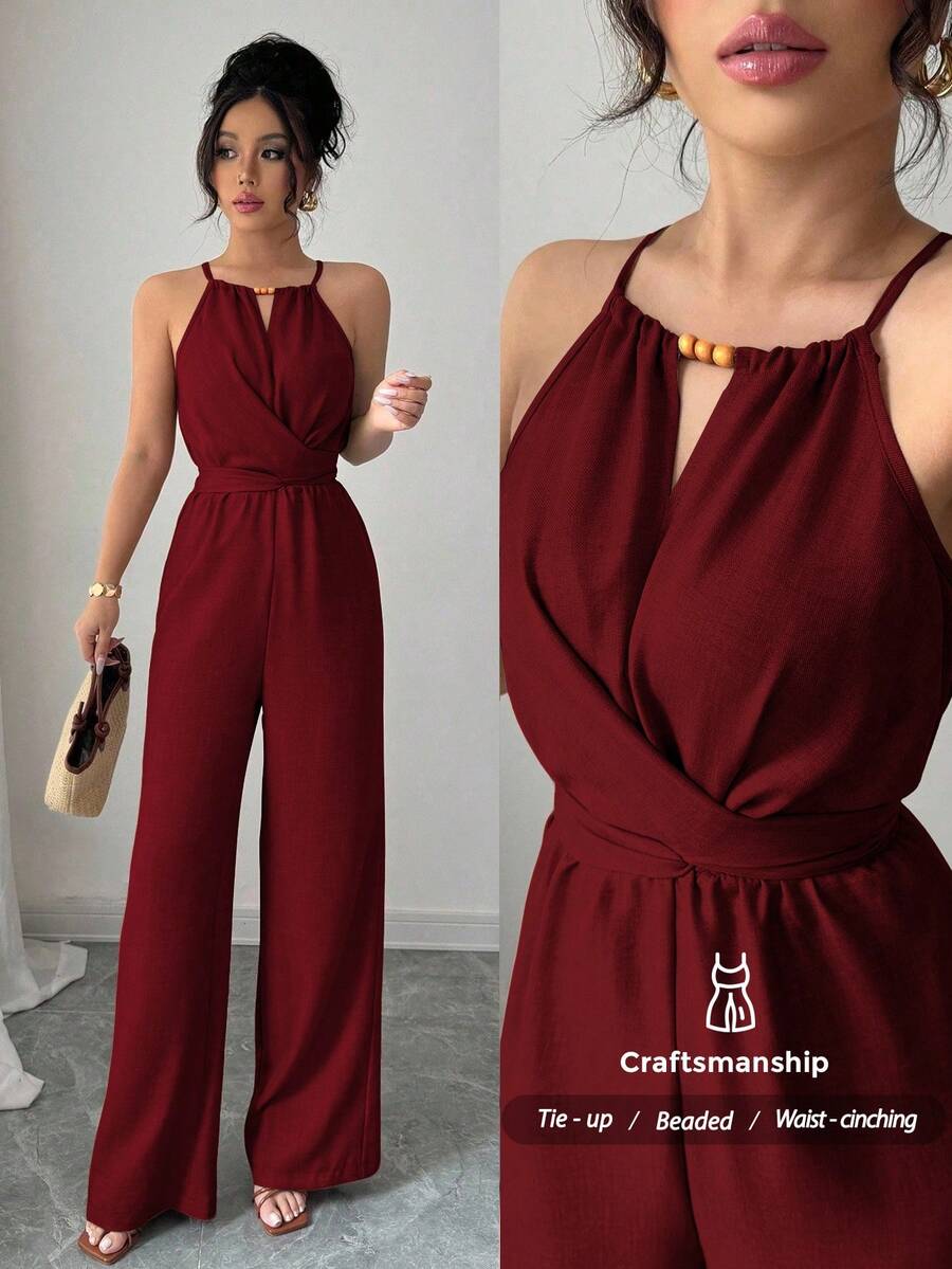 Ženski elegantni letnji ležerni kombinezon  sa naborima i  perlicama