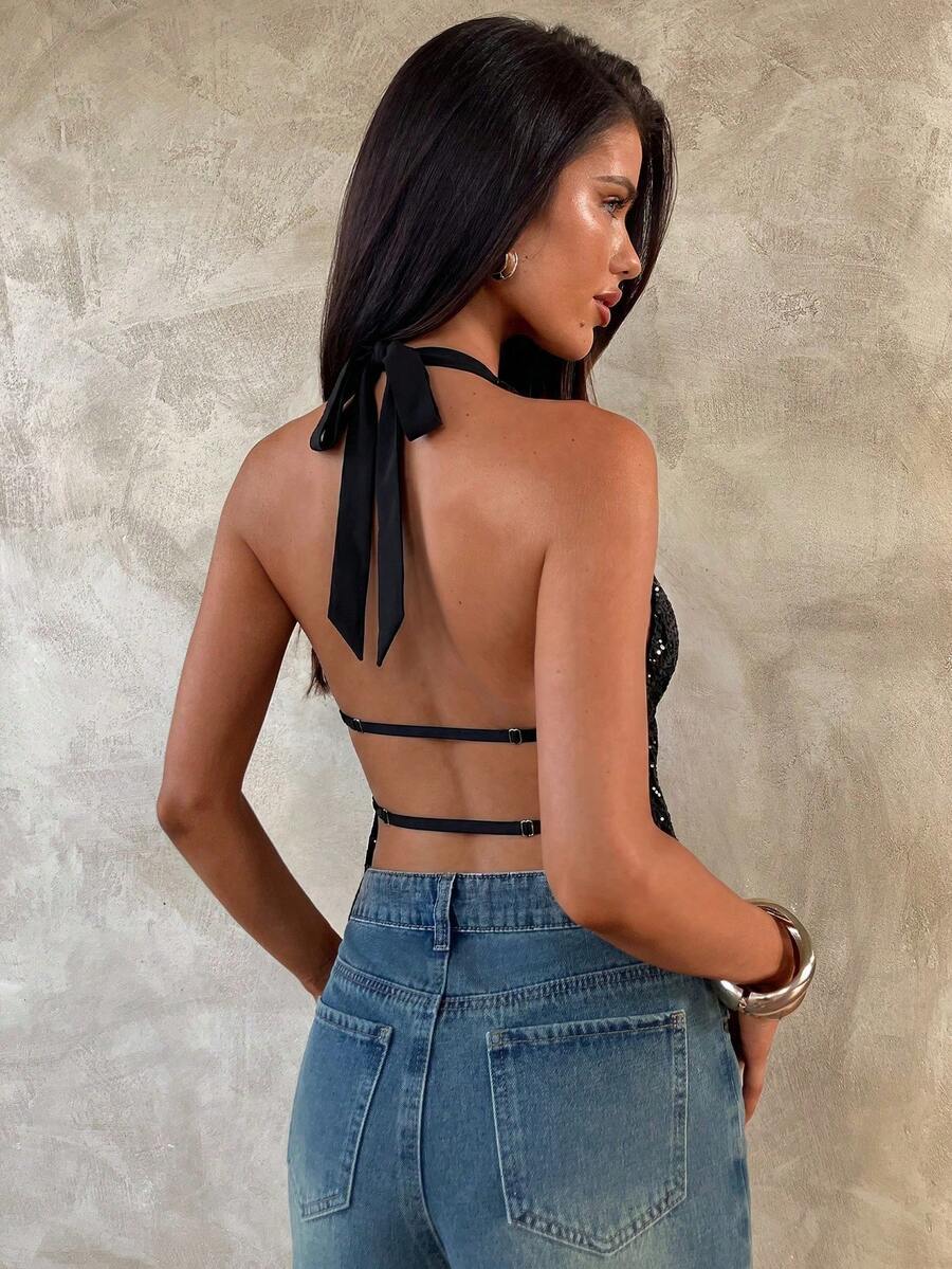 Halter Top Bez Leđa sa Šljokicama