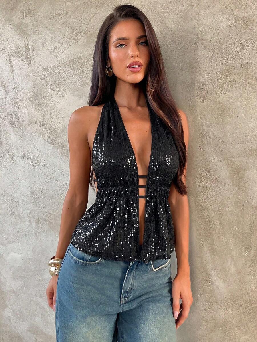 Halter Top Bez Leđa sa Šljokicama