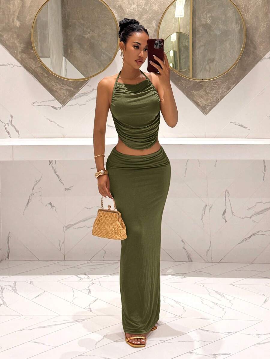 Ženski Set  - Halter Dekolte Ruffles Top & Maxi Suknja