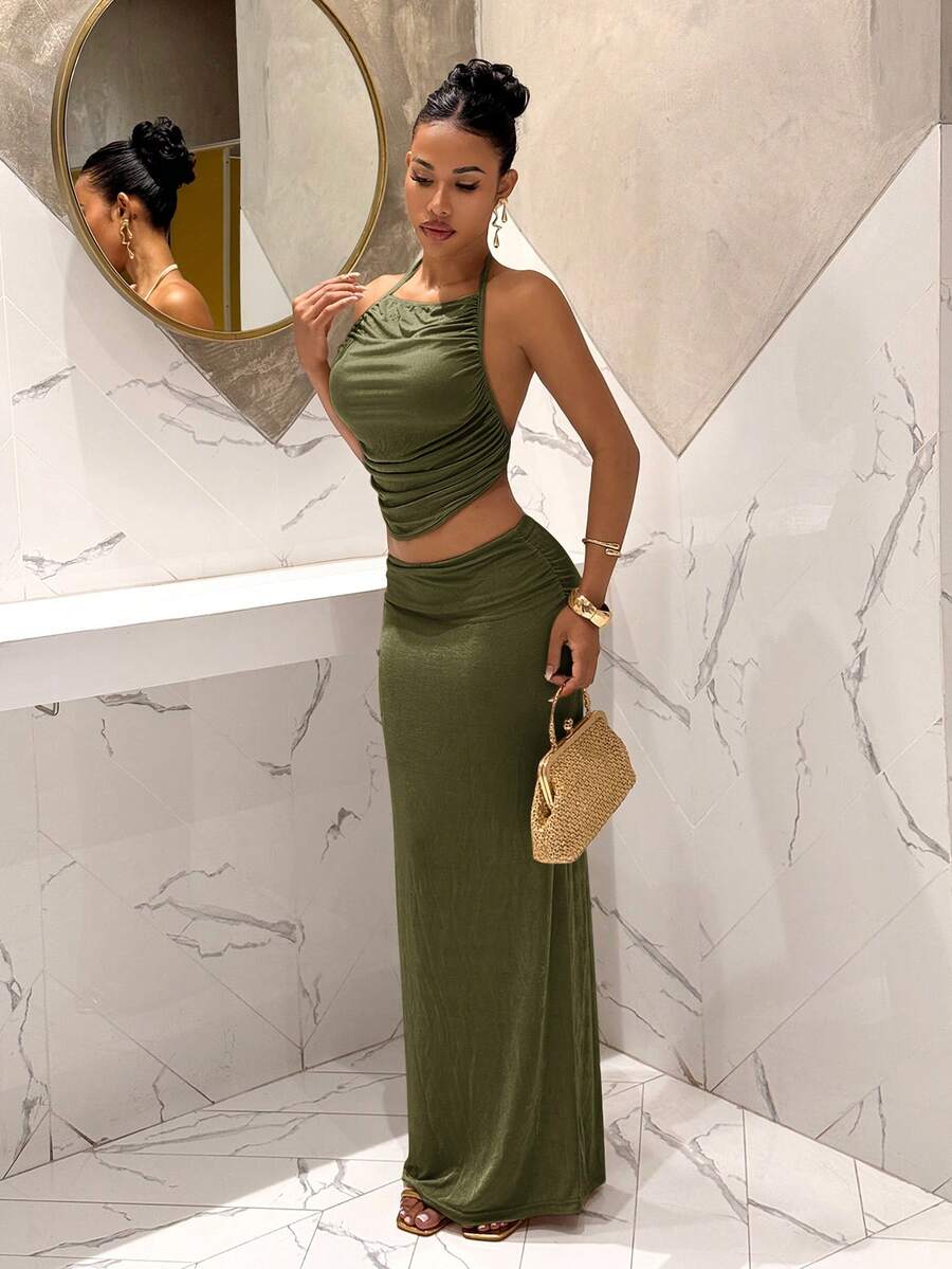 Ženski Set  - Halter Dekolte Ruffles Top & Maxi Suknja